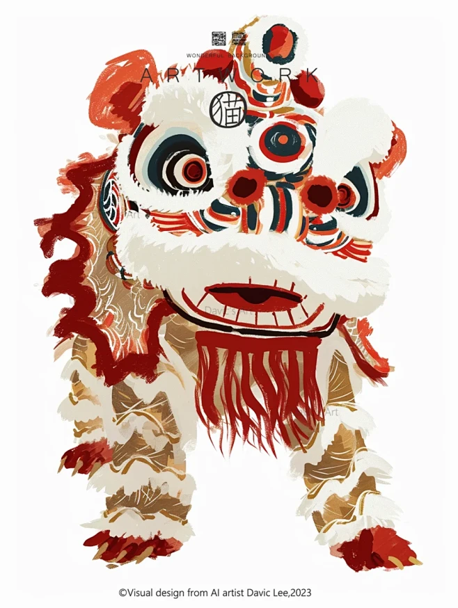 新中式国风素材国潮插画-醒狮·小红