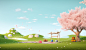 a picnic scene with trees, benches and flowers under an apple tree, in the style of minimalist backgrounds, northern china's terrain, innovative page design, perspective rendering, light sky-blue and green, high quality photo, kitsch and camp charm