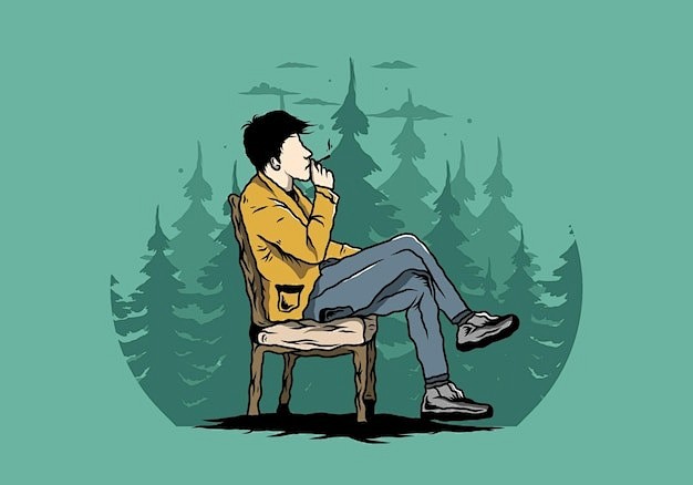 男人坐在椅子上抽烟插画矢量图设计素材