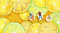 柠檬水果手绘风 【酷图网】夏天,泳池,假期,柠檬,水果,手绘风,横版,插画