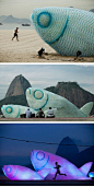 Giant Fish Sculptures Made from Discarded Plastic Bottles in Rio. The giant artwork was part of the UN Conference on Sustainable Development, which was held in Rio between between 19-22 June. The sculptures serve as a reminder for beach-goers to recycle p