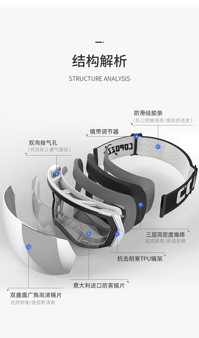 COPOZZ新款滑雪镜双层防雾大球面滑雪...