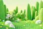 3d green grass and trees in the grass, in the style of playful, whimsical illustrations, delicate flowers, rendered in cinema4d, mori kei, playful cartoons, spiky mounds, white and green