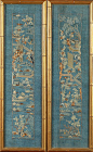 <b>PAIR CHINESE EMBROIDERED BLUE SILK KESI PANELS,</b> <i>Late 19th/ Early 20th Century.</i> Worked with Peking stitch and cauched gold tone metal thread to depict riverscape decoration, framed <i>- 21 1/2 in. x 5 1/2 in.<