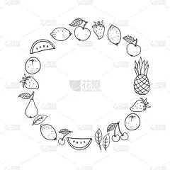 果架线形示意图。圆形时令果缘。农贸市场菜单设计。健康食品的海报。热季热带背景为横幅，优惠券，菜单，广