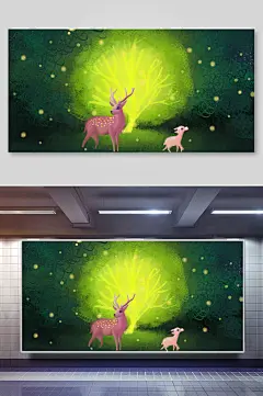 萤火虫梅花鹿简约唯美插画
