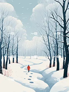 一个人在白雪覆盖的森林中行走海报