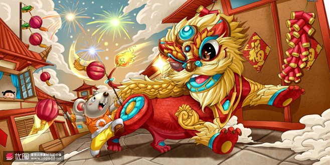 年兽除夕燃放烟花炮竹过年鼠年新年插画 节日节气 春节