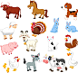 15款卡通家畜动物矢量素材，素材格式：EPS，素材关键词：兔子,动物,猫,绵羊,狗,家畜,宠物,猪,奶牛,公鸡,山羊,家禽,鹅,母鸡,马,火鸡,公牛