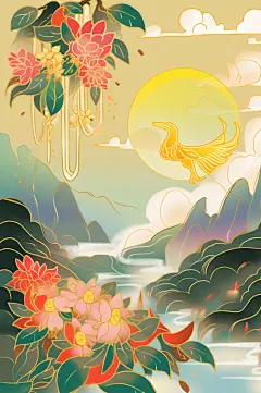 AI数字艺术重阳节国潮创意山水插画