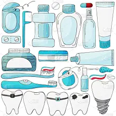 设计元素的向量集。一组用于护理手拉式口腔的元素.牙齿清洁，牙齿健康。牙齿、牙线、牙刷、牙膏、牙刷