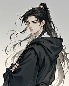 国风插画男子长发披肩垂直连帽长袍