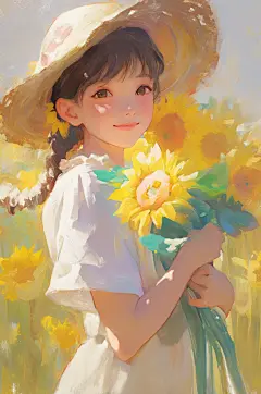 AI数字艺术夏季夏天金色向日葵人物插画-众图网