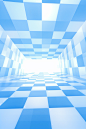 a geometric background with blue squares on the floor, in the style of distorted perspective, 8k 3d, light-filled, low resolution, sky-blue and white, illuminated interiors, wide angle lens
