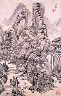                                                                                                                         #清初四王#【 清 王鉴 《仿宋元山水册》 】册页，纸本设色，55.2×35.2cm×7，上海博物馆藏。 此册作于康熙元年（1662年），作者时年65岁。分别题款为：仿倪高士溪亭山色、仿北苑笔、仿赵文敏、仿香光居士笔、仿黄鹤山樵、学梅花庵主、仿梅道人笔。王鉴出身仕宦名门