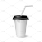 矢量3d现实白纸一次性杯子与黑色油漆和饮料吸管隔离在白色背景。咖啡，苏打水，茶，鸡尾酒，奶昔。包装设