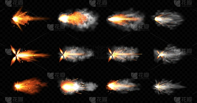 枪闪烁着火光和烟雾。手枪射击组素材-花瓣网