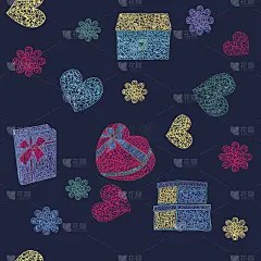 礼品盒，鲜花和心形卡通涂鸦风格