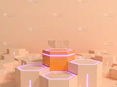 未来主义六角形科幻基座，桃红色，紫色霓虹灯，用于展示产品展示，3d渲染