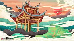 中国风森林树木古风建筑凉亭古风插画民俗民风素材下载-优图网-UPPSD