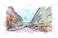 具有卑尔根地标的印刷建筑景观是挪威的城市。矢量手绘示意图水彩画.