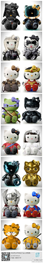 #求是爱设计#hello kitty。设计师Joseph Senior p的hello kitty系列作品，里面你可以看到gaga kitty，加菲猫kitty，杀死比尔kitty，威廉王子凯特王妃kitty，潮人kitty等等。