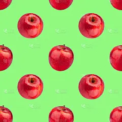 鲜红苹果的无缝图案在绿色背景上孤立，明亮闪亮的苹果重复点缀，美味多汁的成熟水果背景，天然健康饮食的食
