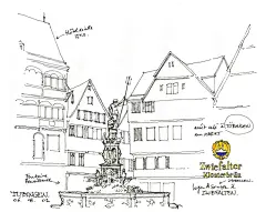 国外建筑喷泉手绘写生