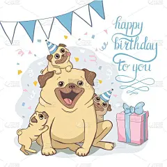 Pug dog cartoon illustration. Cute friendly fat ch