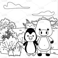 猪,企鹅,卡通,式样,可爱的,自然,动物园,多样,环境,图像
