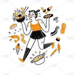 一个漂亮的女人牵着她的手，手拿着食物，勾画出一条线艺术涂鸦风格 