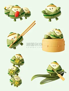 端午端午节3D立体创意可爱绿色粽子元素形象套图图片_潮国创意