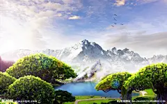 动漫山景 蓝天白云 湖水 绿树 草地 飞鸟 雪山 阳光 白雾