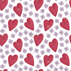 红色心形与紫罗兰花装饰重复图案，水彩插图象征爱的简单装饰为圣瓦伦丁节日庆祝，纺织品，横幅，请帖