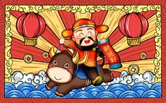 元旦手绘国潮风牛年财神原创插画海报新年牛国潮牛年