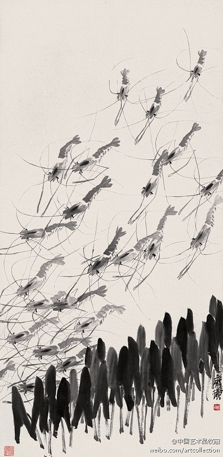 水墨画#【 齐白石 《戏虾图》】齐白石.
