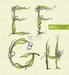 春花风格化手绘字母。矢量插图。