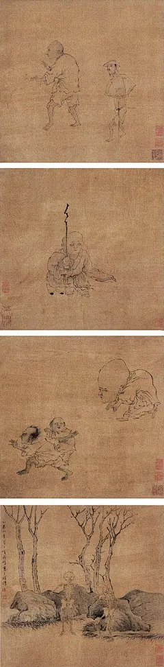 罗聘——《鬼趣图》设色绢本 手卷5-8欣赏  |  
清|罗聘(1733-1799)，&quot;扬州八怪&quot;之一。字遯夫，号两峰，又号衣云、花之寺僧、金牛山人、师莲老人等。祖籍安徽歙县，后迁扬州。为金农入室弟子，人物、佛像、山水、花果、梅、兰、竹等，无所不工，笔调奇创，超逸不群，别具一格。妻方婉仪，字白莲，亦擅画梅兰竹石，并工于诗。子允绍、允缵，均善画梅，人称&quot;罗家梅派&quot;。