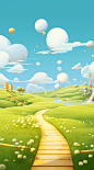 a paved pathway leads to clouds above a green field, in the style of whimsical character design, light yellow and light gold, 8k 3d, rounded forms, light white and gold, scattered composition, applecore