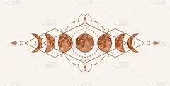 魔法月亮与神圣的几何纹身设计。单色波西米亚矢量插图
