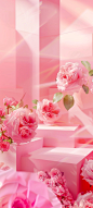 Pale pink gradient pink background with high and low staggered square columns on top, there is a short square column in the middle with a variety of pink roses slowed down around the square columns, light and shadow from the upper right corner makes the p