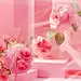 Pale pink gradient pink background with high and low staggered square columns on top, there is a short square column in the middle with a variety of pink roses slowed down around the square columns, light and shadow from the upper right corner makes the p