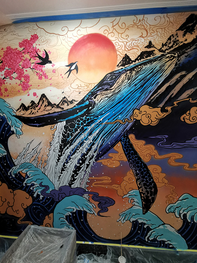 北京墙绘涂鸦 浮世绘手绘 日式墙绘 家庭...