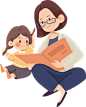 扁平可爱风格亲子生活插画-一起读书的母女