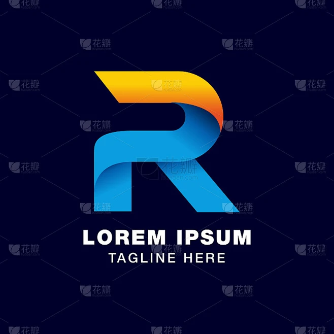 数字字母R图标符号模板在渐变风格。蓝色、黄色和橙色素材-花瓣网