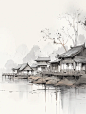 中国写意江南水乡诗情画意，纸上水墨海报