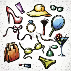 套装彩色素描女配件。模仿水彩和钢笔