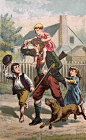 古董插图-瑞普·凡·温克尔-拿着猎枪和孩子们玩-狗在后面跟着