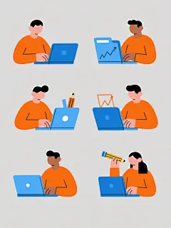 扁平化风格，纯白色背景，六个不同造型和角度的工作场景插画系列，每个场景均包含使用笔记本电脑的人物、蓝色文件夹、铅笔、图表等工作元素，保持橙色上衣与蓝色工作元素的配色方案，所有插画造型规整排布，简洁的线条，圆润的形状，明亮的色彩，无渐变效果，每个场景中的人物姿态和物品摆放角度各不相同，整体风格统一且具有系列感