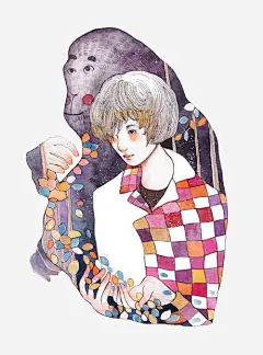 动物与女孩高清素材 几何形 和风 大猩猩 手绘 插画 树叶 植物 短发女孩 免抠png 设计图片 免费下载